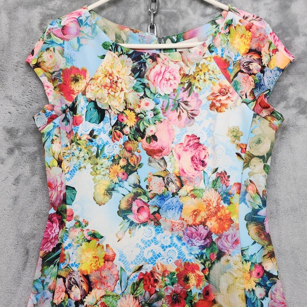 Vintage Beige by ECI Dress Womens M Floral Stretch Back Zip Cap Sleeve Sheath - Picture 2 of 12